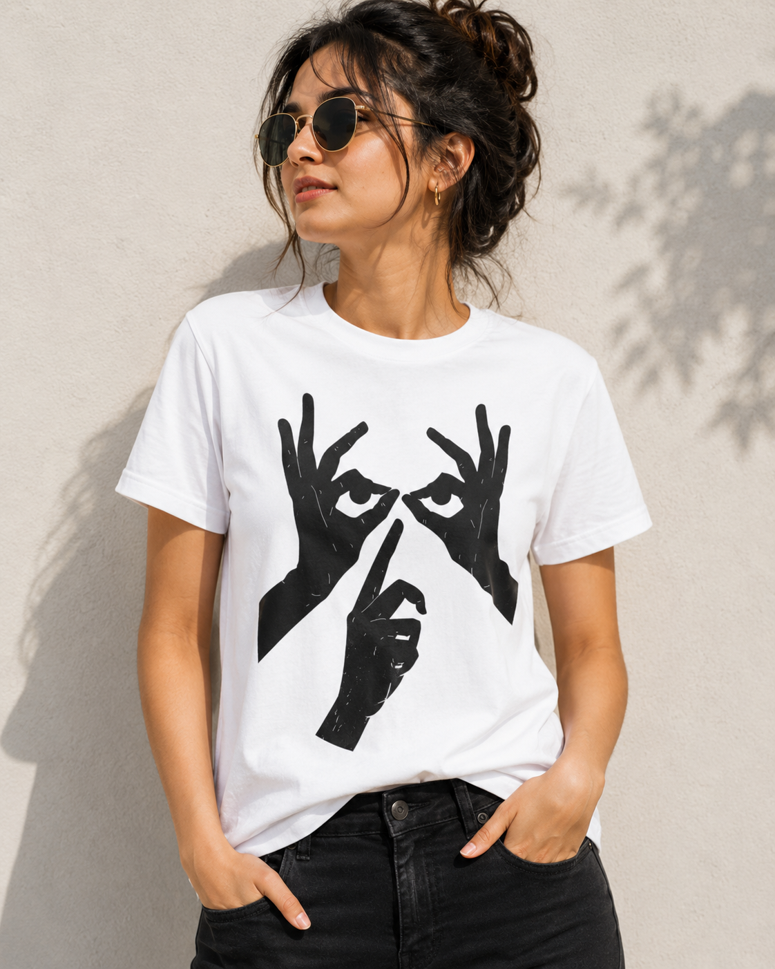 hand gesture white Eye Gesture Graphic T-Shirt – Minimalist Abstract Streetwear Tee